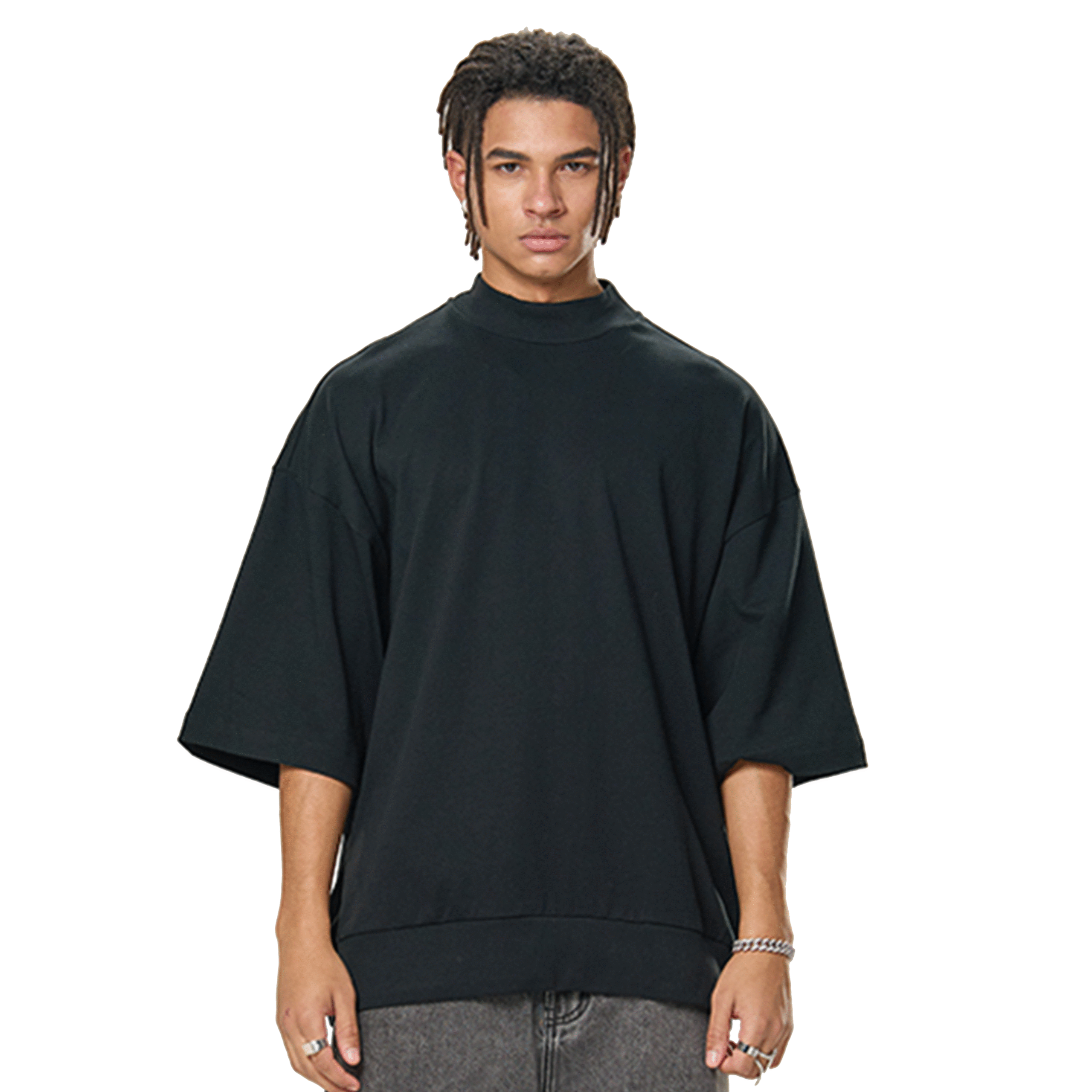 305 GSM Mock Neck Boxy Crew Blank T-Shirt